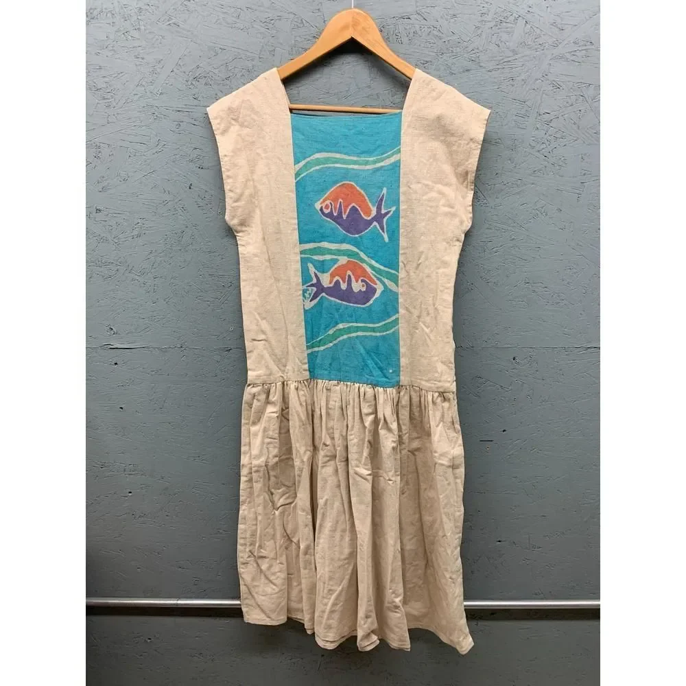 Handmade Women's Boho Dress S/M Natural Cotton Landscape Print Sleeveless Rustic